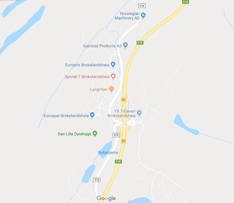 Kart over plasseringen til Bjordammen Byggsenter på Brokelandsheia